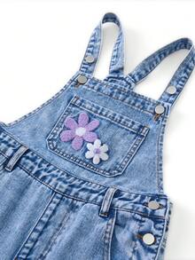 SHEIN ChillGRL 女童复古做旧牛仔背带裤/连体裤，可调节肩带，直筒裤型，休闲度假风，复古水洗蓝牛仔裤，Y2K美学，适合返校季 - 深色水洗藍 - 查看 4