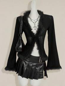 SHEIN ICON Women's Retro Bohemian Sexy Y2K Knit Jacquard Patchwork Fur Collar Brown T-Shirt,Black Top - Black - View 4