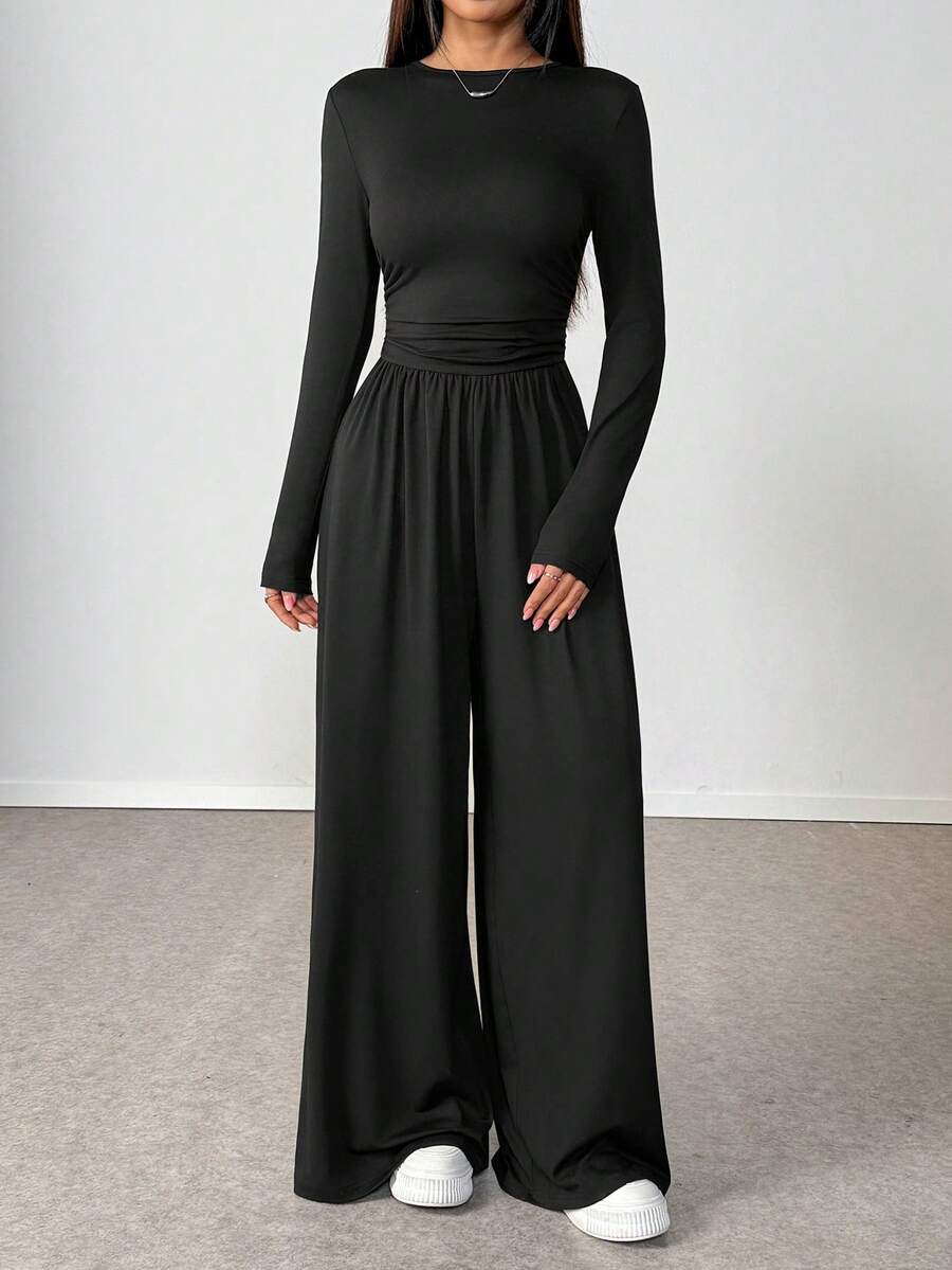 SHEIN Unity Casual Round Neck Side Ruched Long Sleeve Black Jumpsuit, Suitable For Spring, Autumn And Winter - Black - View 1