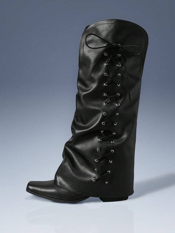 Cuccoo CUCCOO GRLICON Damen Hai Stiefel, Outdoor Blockabsatz Schwarz PU Leder Doppelschicht Design Seitlicher Schnürung Dekor Mode Minimalistisch Komfortabel Alltag Party Weihnachten Silvester Schlüpfen Stiefel