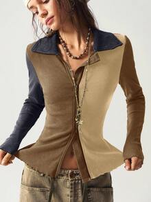 Bohemela Casual Knit Patchwork Long Sleeve Fitted Women Top - Multicolor - View 2