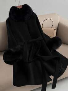 GlowEve CURVE Plus Size Women's Elegant Overcoat With Fur Collar And Belt Winter Fall Autumn - Black - View 3