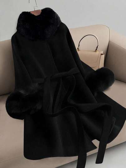 Regalyn Plus Size Dames Elegante Overjas Met Bontkraag En Riem Winter Herfst Herfst