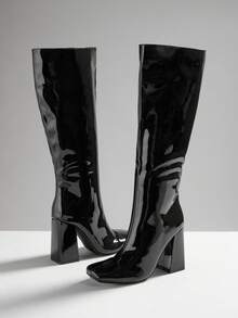 SHUZIA 女士时尚舒适过膝侧拉链粗跟靴 - 黑色 - 查看 6