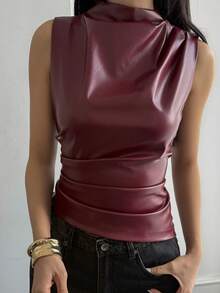 Livesso Women's Autumn/Winter Pleated Waist Sleeveless PU Top Y2k