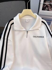 SHEIN Tween Girl White Knit Half-Zip Collar Loose Casual School English Print Sweatshirt, Back To School, Minimalist Daily Wear Fall Winter