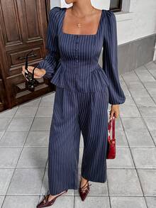 Chiquease Set de 2 piezas con top sin espalda de manga farol de cuello cuadrado a rayas y pantalones con bolsillos, estilo francés