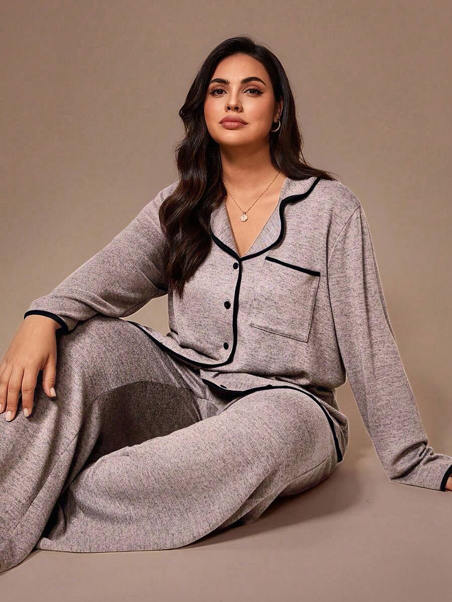 Lazeform Áo thun kiểu Pháp thường ngày dệt kim mềm mại họa tiết hoa cỡ lớn màu tương phản có nút, Bộ đồ mặc nhà/đồ ngủ, Quần áo mùa thu và đông - Màu Hồng baby - Xem 1