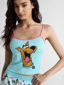 SCOOBY-DOO X SHEIN 女士舒适狗狗印花吊带背心和短裤睡衣套装，夏季卡通内衣睡衣短裤套装两件套，女士莉萝和史迪奇睡衣 - 薄荷藍 - 查看 4