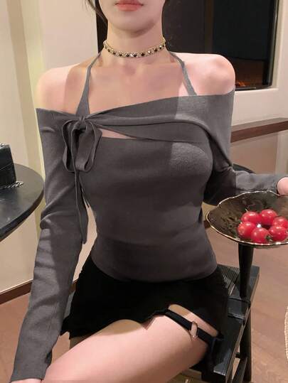 DAZY 女士纯色吊带长袖系带修身时尚针织毛衣