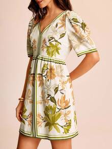 CAJUNI 花卉印花泡泡袖休闲度假连衣裙 - 彩色 - 查看 4