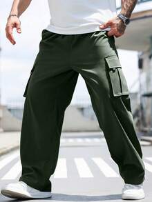 Manfinity Homme Plus Size Casual Loose Fit Cargo Style Pants, Versatile For Daily Wear - Green - View 4