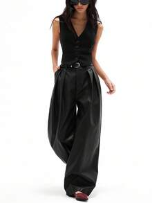 Aveloria Affinna 酒红色PU皮革褶皱宽松直筒腰带休闲时尚百搭女裤