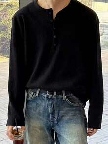 Manfinity Dauomo Solid Color Half-Zip Dropped Shoulder Casual Loose Fit Long Sleeve T-Shirt - Black - View 3
