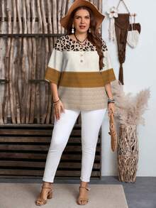EMERY ROSE Plus Size Casual Minimalist Full-Width Shirt,  Leopard Print,Spring/Summer/Vacation - Multicolor - View 5