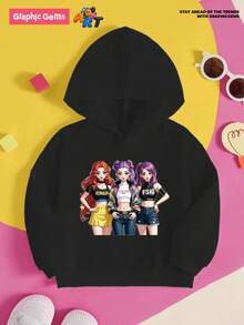 SHEIN Áo nỉ dáng rộng thoải mái, dễ thương, in hình Kpop dành cho bé gái tuổi teen, thích hợp cho mùa thu/đông. - màu đen - Xem 7