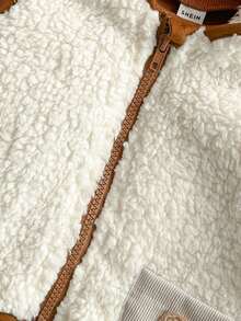 SHEIN 1件男婴连帽毛绒熊背心休闲外套，复古棕/米色保暖内衬拉链马甲，带口袋，适合秋冬季穿着 - 杏色 - 查看 4