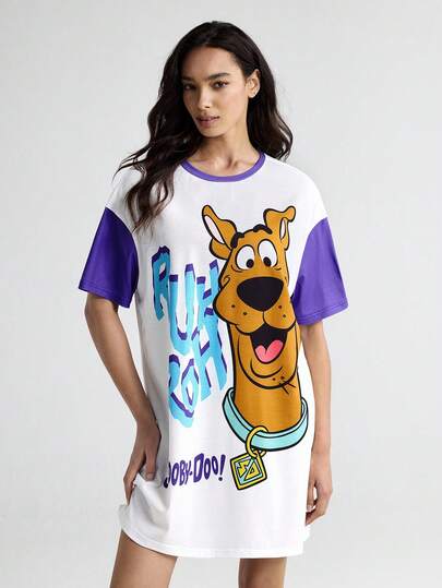 SCOOBY DOO Letter Cartoon Pattern Round Neck Short Sleeve Sleep Dress Shirt Women Character view 3