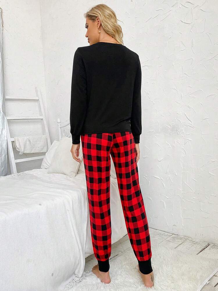 Women's Plaid Pocket Round Neck Long Sleeve Top And Pants Pajama Set, Winter Clothes