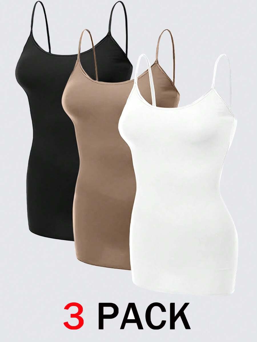 SHEIN Essnce Plus Size Women's Summer Slim Fit Casual 3pcs Solid Color Vests - Khaki - View 1