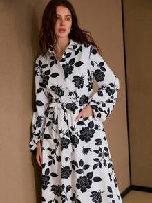 MOTF PREMIUM VESTIDO ESTAMPADO FLORAL COMPLETO CON MANGAS FAROL Y CINTURÓN - Blanco y Negro - Ver 6