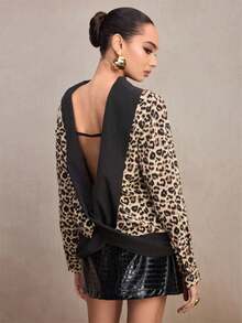 Modelyn Women's Autumn Leopard Print Turtleneck Long Sleeve Backless Fashionable Color Block Shirt - Multicolor - View 1