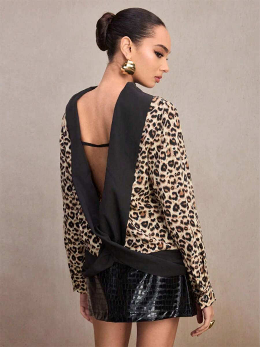 Modelyn Women's Autumn Leopard Print Turtleneck Long Sleeve Backless Fashionable Color Block Shirt - Multicolor - View 1