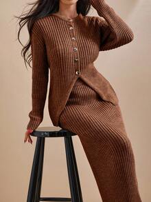 EURMUSE Conjunto de cardigan y falda de punto acanalado con botones delanteros de unicolor para mujer - Marrón - Ver 5