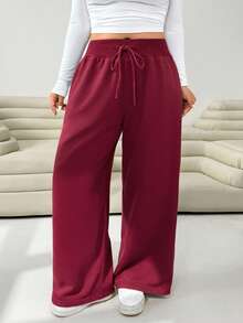SHEIN EZwear 酒红色大码女式休闲口袋宽松裤，秋冬 - 酒紅色 - 查看 5