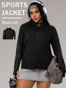 Rhythm Era Chaqueta deportiva de talla grande, parche de malla, manga larga con cremallera y agujero para el pulgar, chaqueta de mujer de estilo atlético de moda