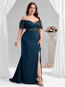 Coutiva Plus Size Formal Evening Gown (Heavily Embellished) - Mint Blue - View 4