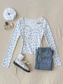 Áo thun tay dài thắt nơ ren bó sát cho bé gái tuổi teen, thoải mái cho mùa thu/đông, tiệc tùng, dạo phố, trở lại trường Áo hoa cổ vuông Áo ren tay dài Áo dễ thương cho bé gái mùa thu - Nhiều màu - Xem 7