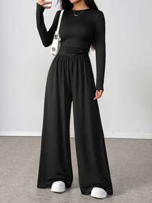 SHEIN Unity Casual Round Neck Side Ruched Long Sleeve Black Jumpsuit, Suitable For Spring, Autumn And Winter - Black - View 6