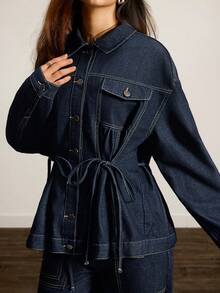 Easelle Women's Fashionable Button-Down Denim Jacket, Belted Waist Denim Top Set Paired With Trousers In Washed Blue And Dark Blue. - Dark Wash - View 8