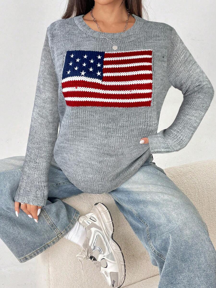SHEIN PETITE Women 4th Of July American Flag Pattern Round Neck Casual Long Sleeve Sweater,Tops For School In Fall/Winter - Grey - View 1