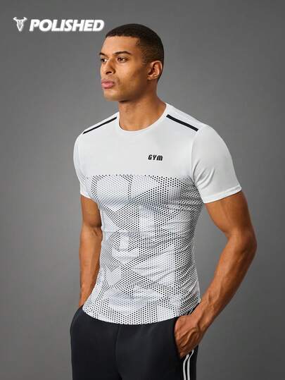 Manfinity Acti Log Boyfriend Style Men's Polka Dot And Letter Pattern Short-Sleeved Sport T-Shirt , Graphic , Running , Active Wear , Plain Workout Tops Gym Top Breathable Fitted Shirt Crew Neck