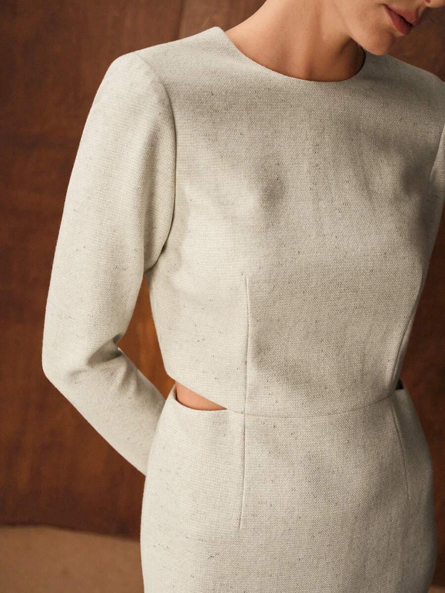 MOTF PREMIUM WOMEN'S WOOL BLEND MINIMALIST STRUCTURED MID-LENGTH FITTED DRESS - Beige - View 2