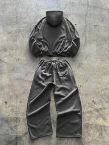 AXEPEAK 男士纯色落肩长袖连帽抽绳休闲时尚套头卫衣套装 - 灰色 - 查看 2