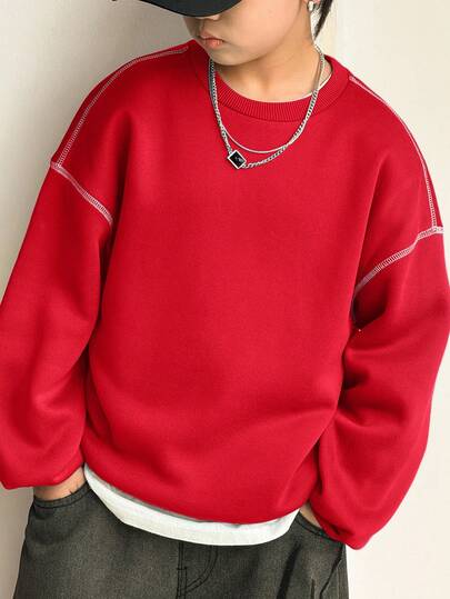 SHEIN Tween Boy Casual Korean Style Loose Fit Contrast Color Round Neck Sweatshirt, Suitable For Commuting, School, Daily Casual Wear, Sports, Autumn/Winter