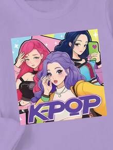 SHEIN 1 件 Tween Girl K-Pop 乐队主题 T 恤，紫色和粉色卡通设计，圆领长袖，可机洗，适合户外活动、休闲装、四季日常穿着 | 图案 T 恤 | 适合所有季节外出和居家穿着 - 淺藍色 - 查看 6