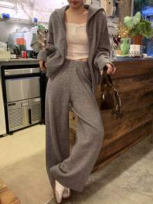 DAZY Bộ 2 món áo khoác cardigan trơn màu và quần len thường ngày cho nữ, Thu/Đông - Xám - Xem 6