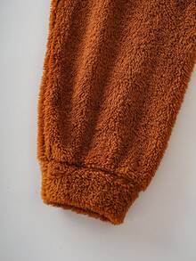 SCOOBY-DOO X SHEIN 2件套青少年男童可爱卡通狗刺绣3D耳朵连帽衫和裤子珊瑚绒舒适套装，秋冬季 - 棕色 - 查看 8