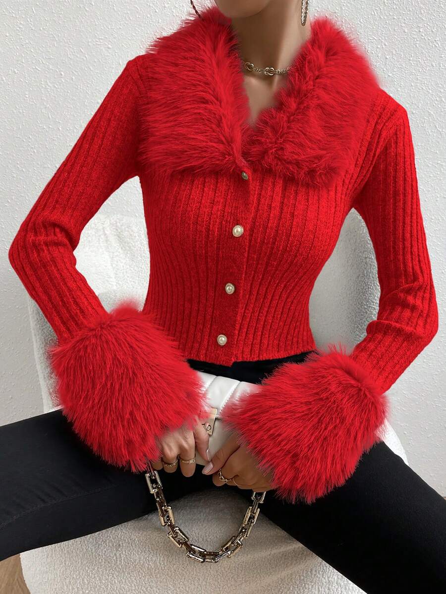 SHEIN Foxxy Fashionable Fuzzy Patchwork Slim Fit Cardigan, Autumn/Winter - Red - View 1