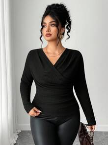 Dazy Plus Áo thun ngắn tay dài ôm sát cổ chữ V, dáng ôm, cỡ lớn dành cho nữ, mùa xuân/thu - màu đen - Xem 5