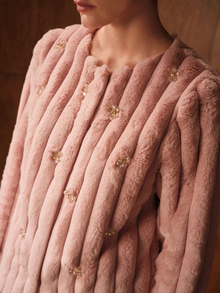 WOMEN'S WINTER RHINESTONE DECOR RIBBED FAUX FUR COAT, ELEGANT