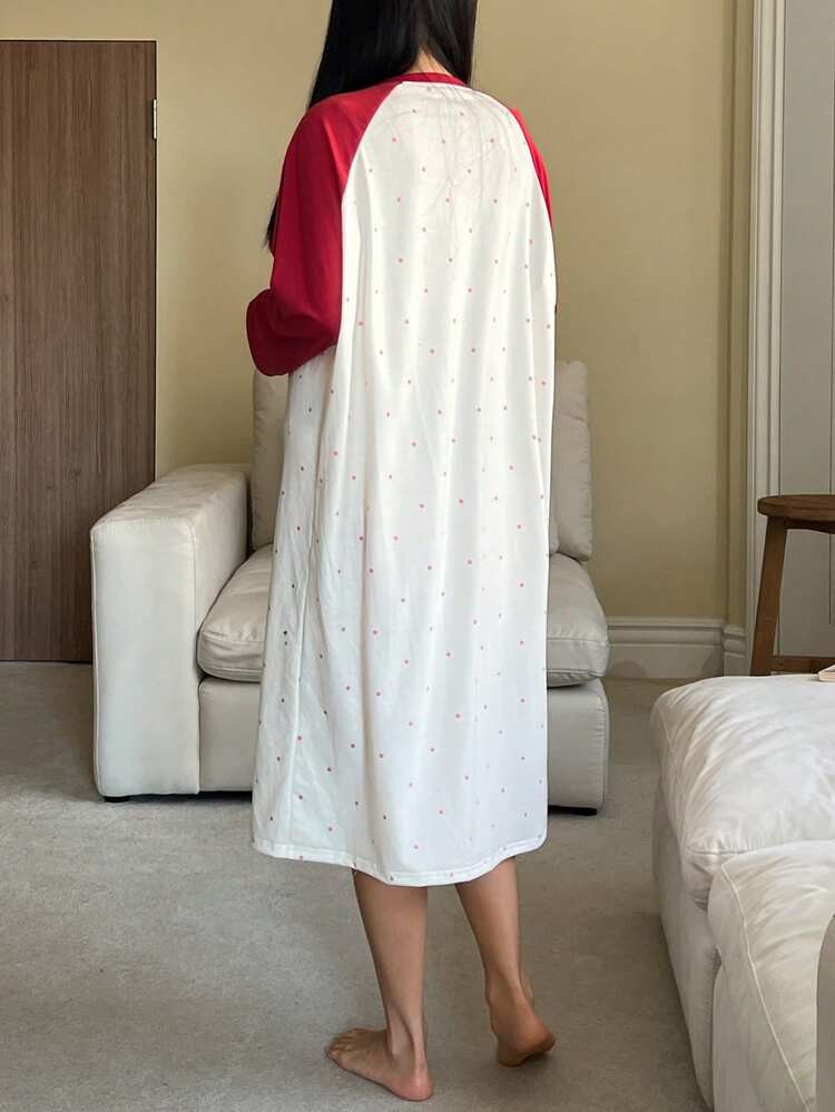 Polka Dot Cat & Dog Print Contrast Raglan Sleeve Loose Long Sleeve Sleep Dress, Women Sleepwear Dress, Fall & Winter, Moo Moo Night Dress