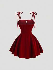 Sweetra 女士复古性感修身蝴蝶结红色优雅露肩派对连衣裙，适合春秋季和情人节穿着 - 紅色 - 查看 3