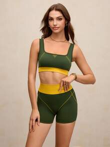 Activina Damen-Sportanzug mit kontrastfarbenem, ärmellosem Top und Shorts (Sport-BH und Shorts-Set) - Grün - Übersicht 3