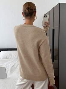 DAZY 休闲拼色亨利领套头衫，柔软针织二合一女式毛衣 - 卡其色 - 查看 2