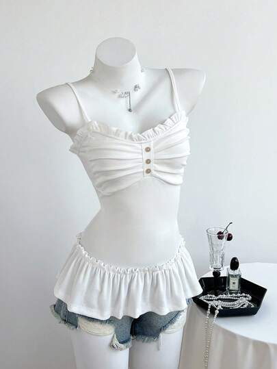 Elamini 女士休闲吊带背心，饰有荷叶边和前褶